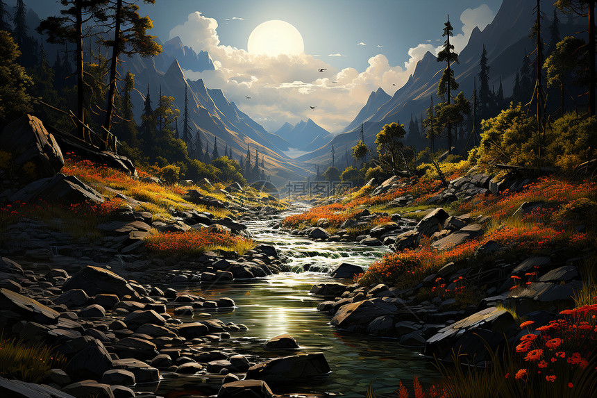 秋季山谷溪流的油画插图图片