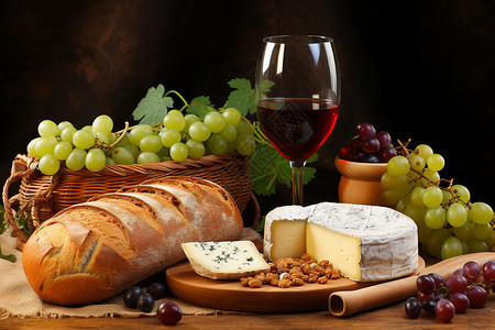 醇美红酒与乳酪面包背景图片