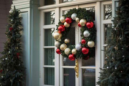 门前的圣诞装饰物背景图片