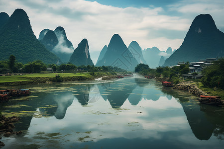 村庄河流桂林山水背景