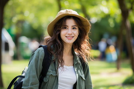 背包少女少女在公园游玩背景