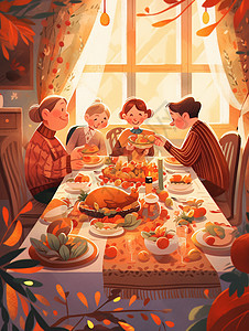 结婚宴席温馨的家庭聚餐插画