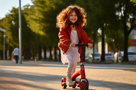 儿童骑滑板车街道上骑滑板车的女孩背景