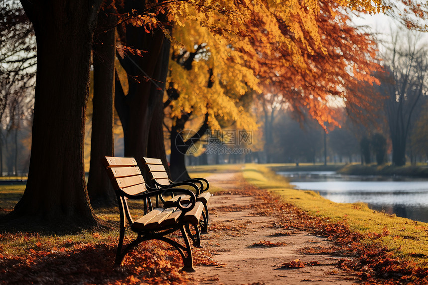 秋季湖畔边的长椅图片