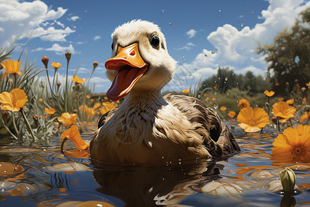 夕阳鸭子宁静池塘中的鸭群油画插图插画