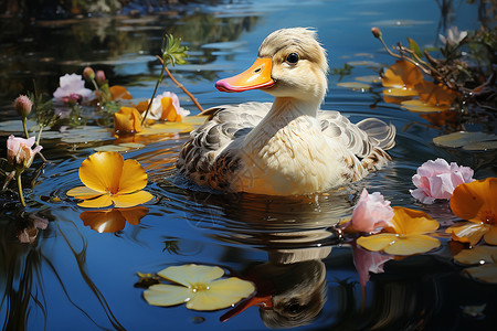 花海中嬉水的鸭子高清图片