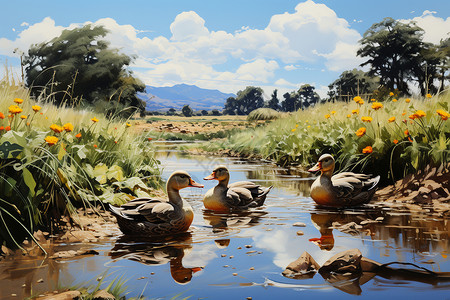乡村湖泊中的鸭群背景图片
