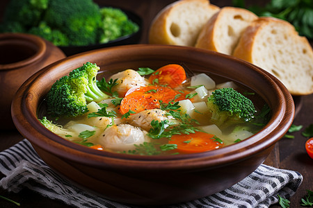 桌面上的西兰花蔬菜汤背景图片