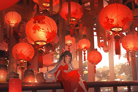 红灯笼和女孩背景图片