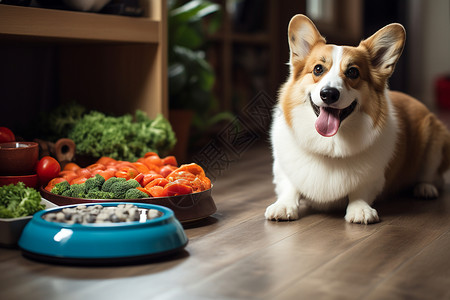 吃饭的狗柯基犬狗吃饭高清图片