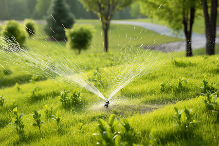 给草地洒水花园灌溉高清图片