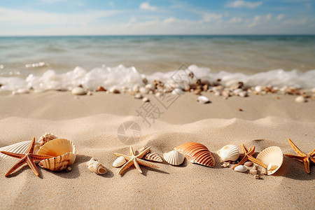 海滩上的贝壳与海星背景图片