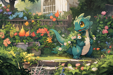 可爱小龙浇水闹花园背景图片