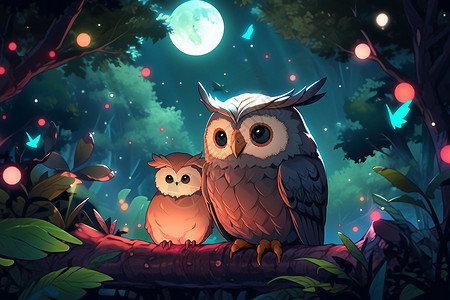 月夜森林中的猫头鹰背景图片