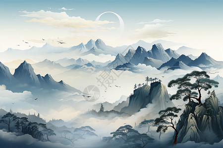 湖畔林木飞鸟画影的山水画背景图片