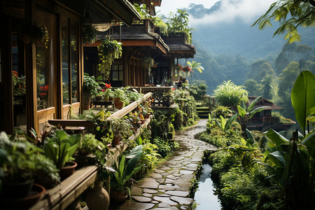 山水之间建筑的美丽景观背景图片