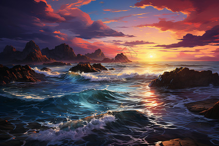 夕阳余晖中的海洋风景背景图片