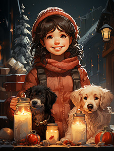 守将女孩和小狗守着蜡烛插画