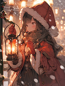雪中圣诞蜡烛穿着圣诞斗篷的女孩插画