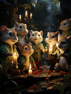 森林中举着蜡烛的小老鼠背景图片
