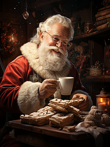 圣诞老人在小屋里喝热咖啡背景图片
