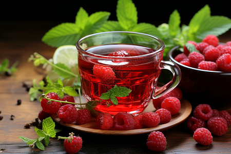 夏日清新的红莓果茶背景图片