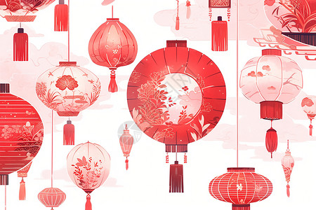 复古风中式元宵节传统芝麻汤圆喜庆的中式灯笼插画