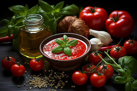 餐桌上的番茄酱和番茄背景图片