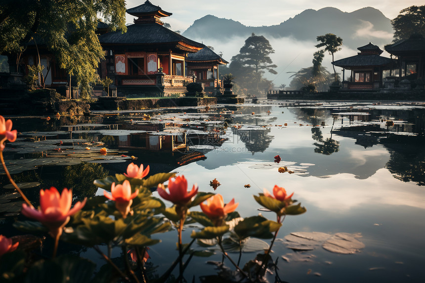 湖边迷雾中的花韵图片