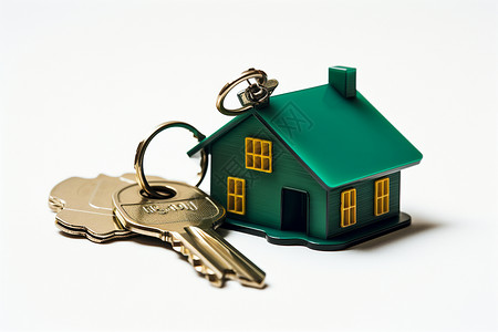 白色背景上的房屋模型和钥匙背景图片