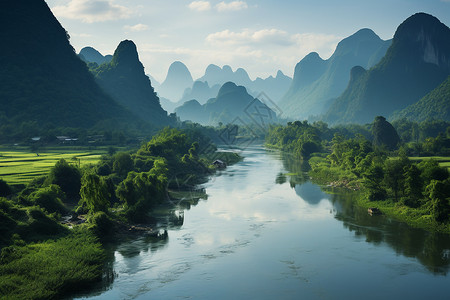 山水画轴画卷青山绿水的自然画卷背景