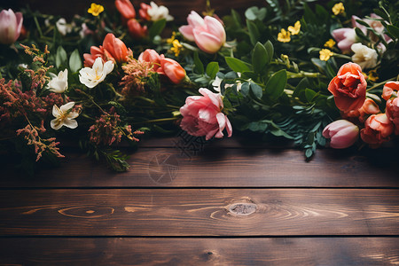 木桌上的浪漫鲜花背景图片
