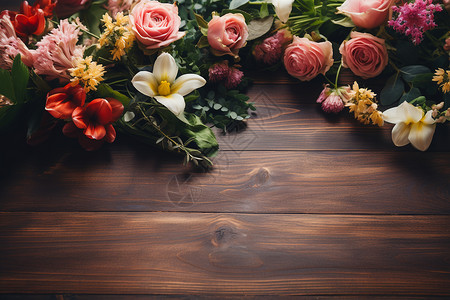 花香四溢的鲜花木桌背景背景图片