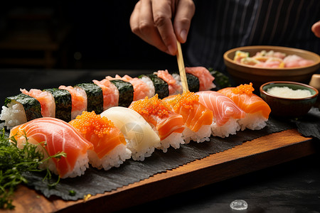 寿司餐饮优惠券精心制作的三文鱼寿司背景