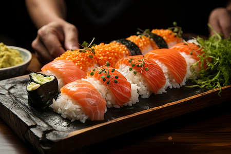 味道鲜美的三文鱼寿司背景图片
