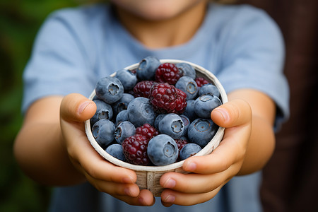 分享蓝莓的小男孩高清图片