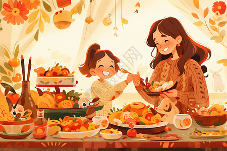 感恩节快乐字体设计温馨家庭团聚插画