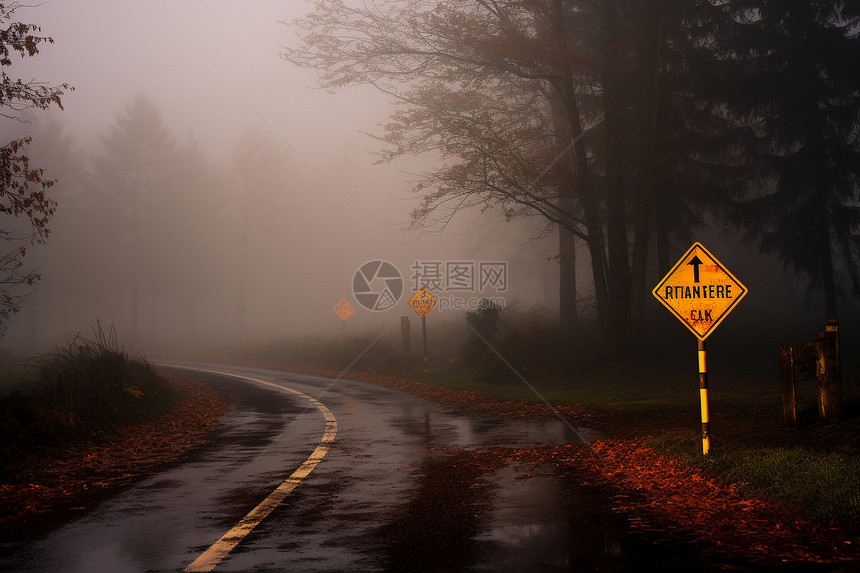 森林道路上的黄色标识图片