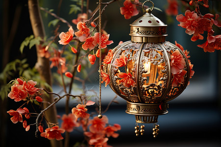 花树间的装饰灯笼背景图片