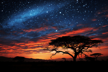 星空之下的孤独树背景图片