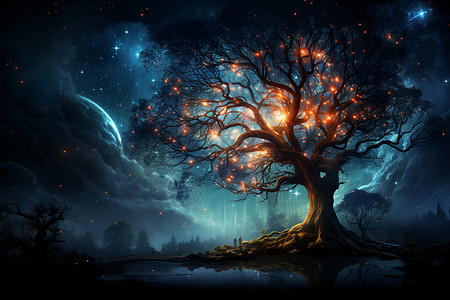 恒星系夜空下的树木插画