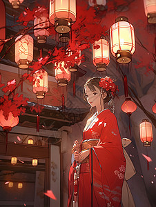 复古风中式元宵节传统芝麻汤圆红灯笼下的美丽少女插画