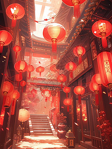中国喜庆红灯笼花灯的装饰插画