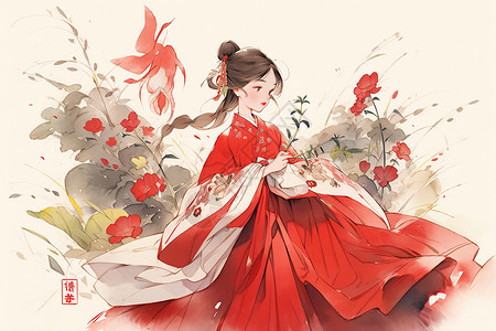 红衣仙女山石间的红衣少女插画