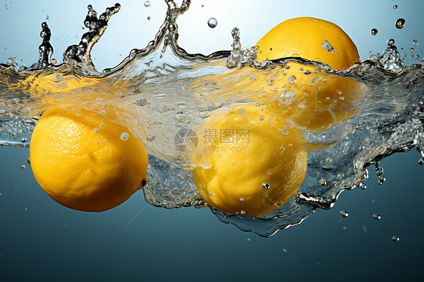 三个柠檬飞溅入水图片