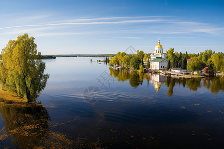教堂湖面反射美丽的湖畔风景背景