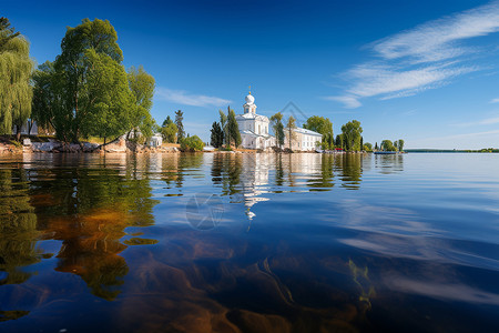 教堂湖面反射湖畔林间的教堂背景