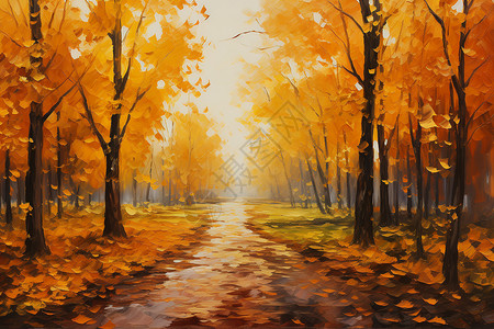 秋日黄树林中的小径背景图片