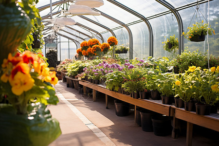 温室里面盆栽的植物背景图片