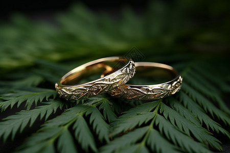 绿叶上奢华的黄金戒指背景图片